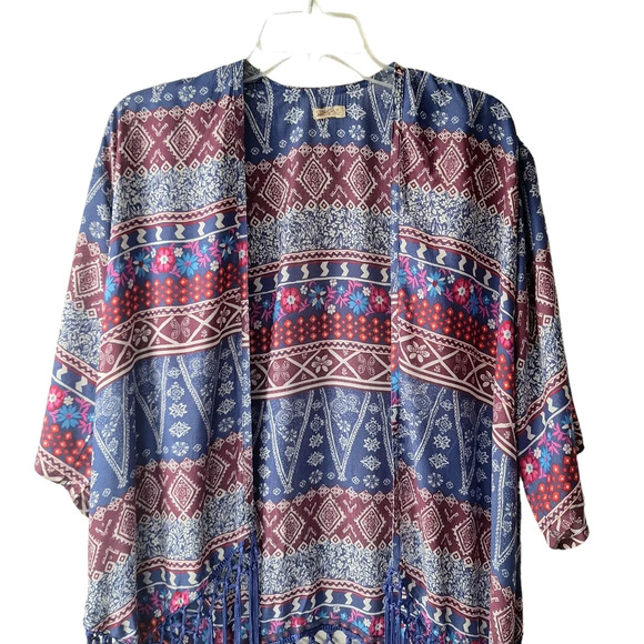 Hollister XS VTG Multi-Color‎ Print Kimono Cover-Up Blue Fringe Hem - Picture 5 of 14